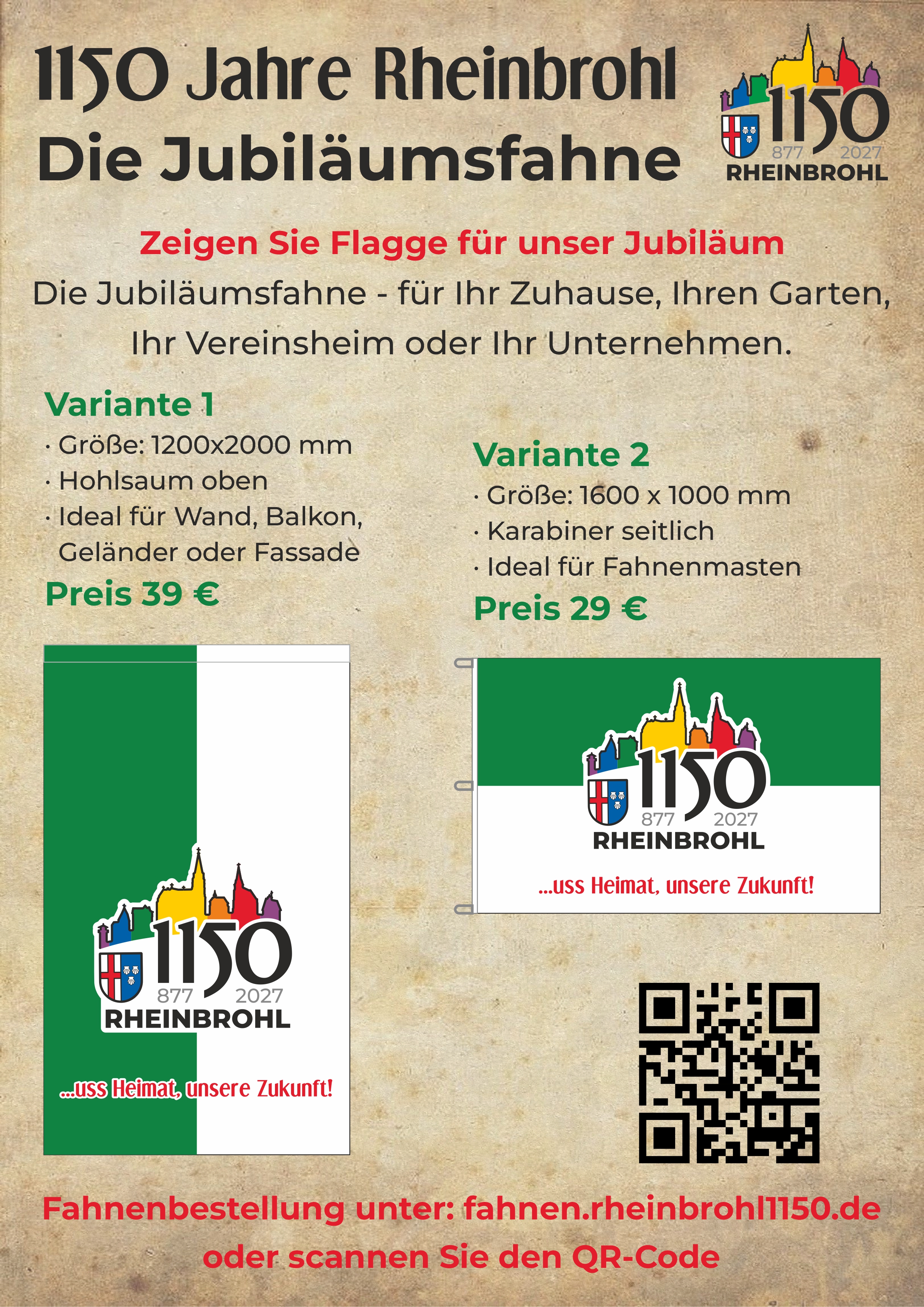 Informationsplakat zum Jubiläumswald Rheinbrohl mit Preis, Standort, Pflanzfest und Bestellhinweisen